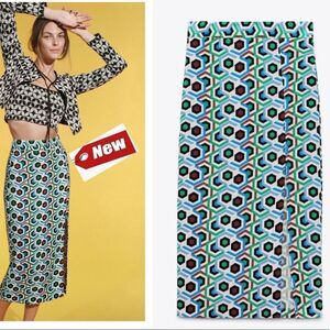𝅺ZARA geometric pencil skirt blue green Sz XL NWT High waist front slit